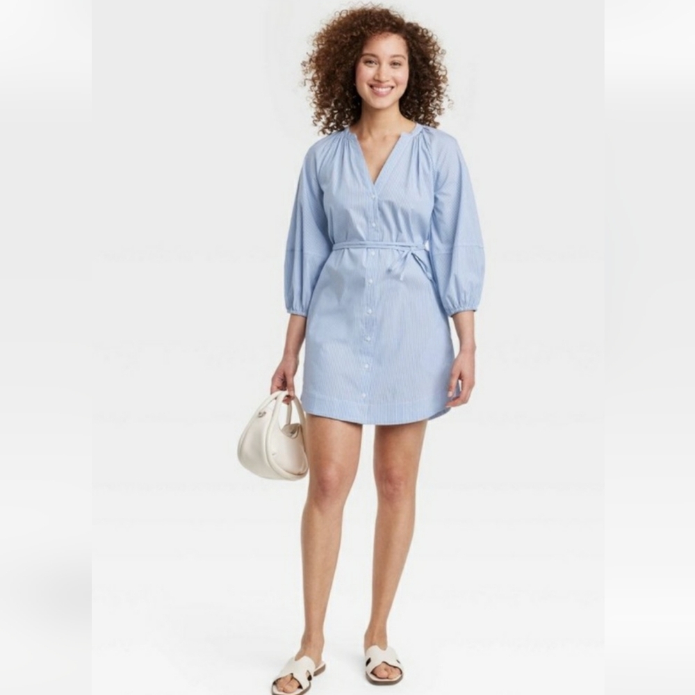 A New Day Blue Striped Button Down Belted Mini Shirt Dress, Size Xl,